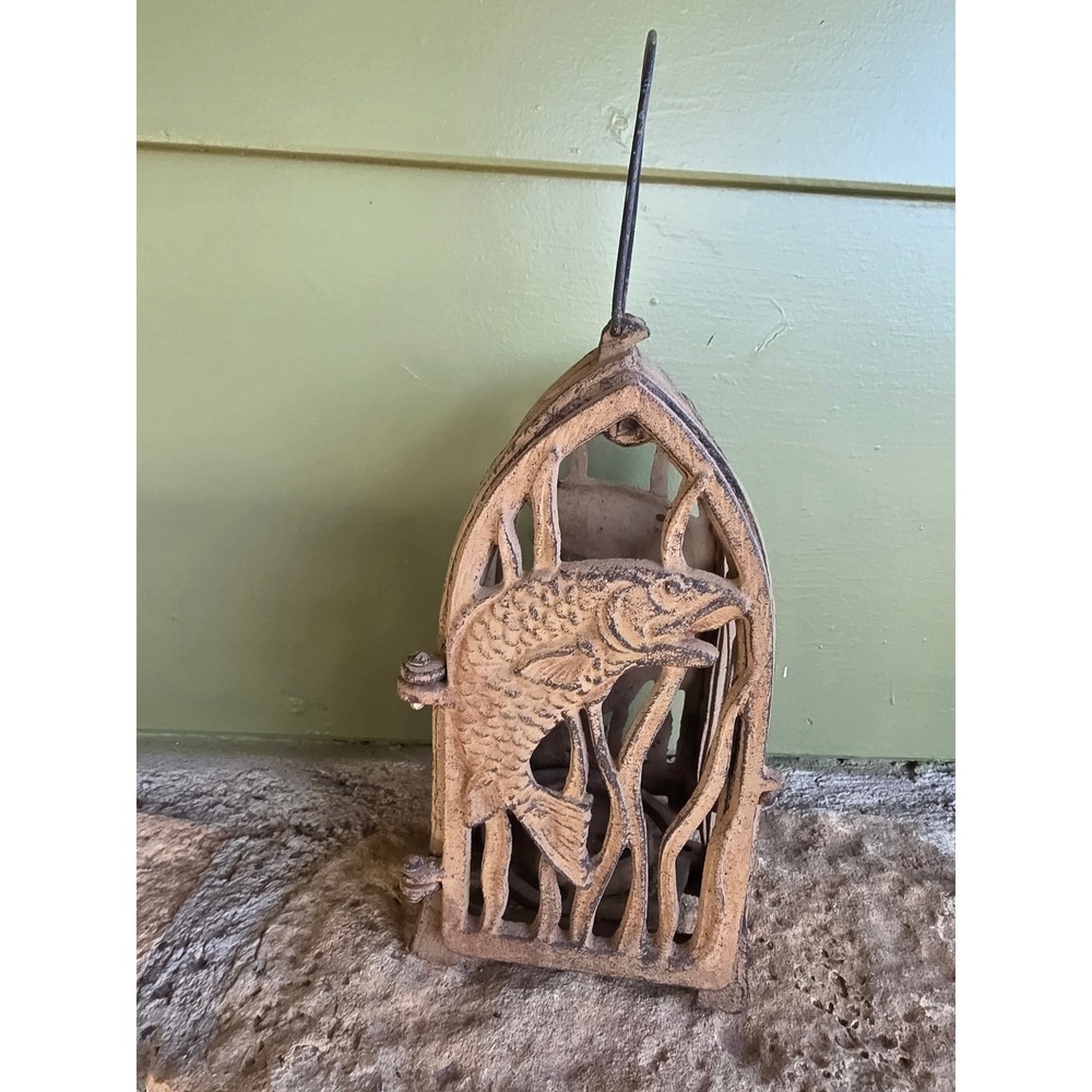 Rustic Cast Iron Fish Lantern Candle Holder Weathered Tan Lodge Decor 12.5in